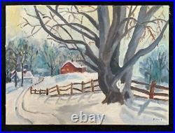 Snow Painting Folk Art Vintage Original Oil Winter Farm Haunted Tree Mulac 50s