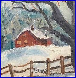 Snow Painting Folk Art Vintage Original Oil Winter Farm Haunted Tree Mulac 50s