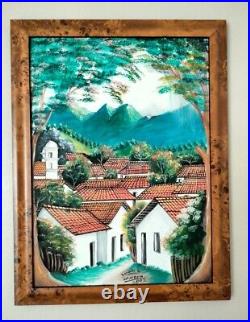 South American Signed Folk Art Oil Painting Fram size 18L x 14W