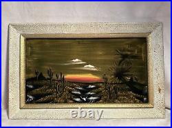 Southwest Desert Landscape Sunset Velvet Painting Framed 14-3/4X23-1/2 MCM VNTG
