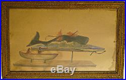 Spectacular Early American Folk Art Whale Harpooning Watercolor & Ink Painting