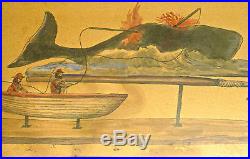 Spectacular Early American Folk Art Whale Harpooning Watercolor & Ink Painting
