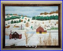 Spectacular Large American Framed Folk Art Winter Snow Scene Naive Americana