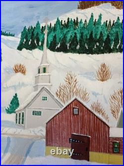 Spectacular Large American Framed Folk Art Winter Snow Scene Naive Americana