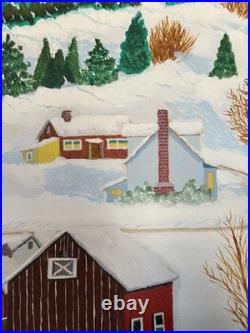Spectacular Large American Framed Folk Art Winter Snow Scene Naive Americana