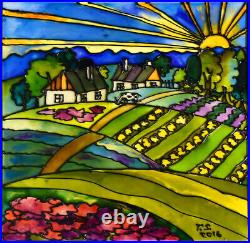 Stained glass painting art landscape, country side art, The Village