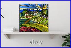 Stained glass painting art landscape, country side art, The Village