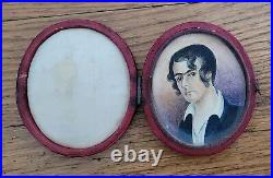 Striking Antique Hand Painted Young Man Portrait Miniature In Traveling Case