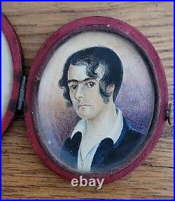 Striking Antique Hand Painted Young Man Portrait Miniature In Traveling Case