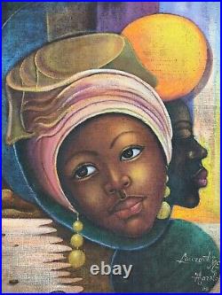 Stunning Colorful Haitian Art Painting On Jute Fabric Laurent Harold Haiti 28x23