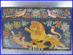 Stunning Paint Decorated Primitive Folk Art Slanted Top Footed Trunk Chest Lion