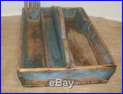 Super Old Blue Paint Country Folk Art Wooden Tool Carrier Inv#JA01