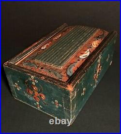 Super Pa Folk Art Painted Wood Sliding LID Candle Box, D. 1830, Teal Blue, Excellent