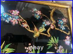 Superb Antique Folk Art Tinsel Painting Artwork Birds On Branch -Signed/Framed