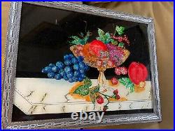 Superb Antique Folk Art Tinsel Painting Artwork Bowl Of Fruits Scene Framed