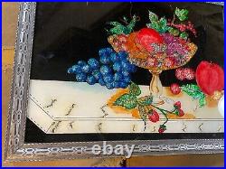 Superb Antique Folk Art Tinsel Painting Artwork Bowl Of Fruits Scene Framed