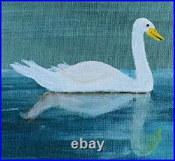 Swan Swimming Vintage Folk Art Outsider Painting Ornithology Naive Doris 81