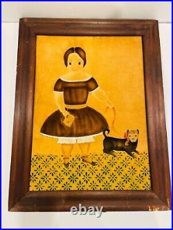 THEOREM ORIGINAL FRAMED PAINTING GIRL WITH DOG FOLK ART 20 x 26