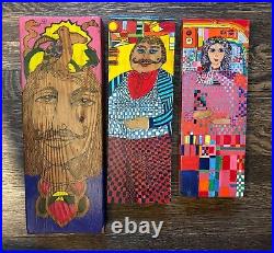 THREE Vintage Original Folk Art Paintings Wood Men Woman Bird Moustache Checker