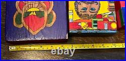 THREE Vintage Original Folk Art Paintings Wood Men Woman Bird Moustache Checker