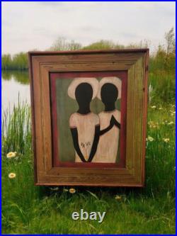 TWO HEARTS Louisiana Rural Folk Art Vintage Original Painting Black Family South