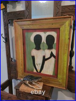 TWO HEARTS Louisiana Rural Folk Art Vintage Original Painting Black Family South