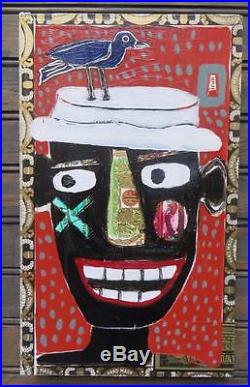 T-Marie Nolan 2007 Raw Folk Art Brut Outsider Naive Painting Smiling Man OOAK