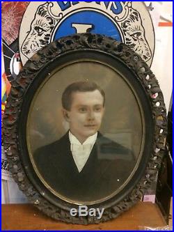 Terrific Antique Primitive Folk Art Pastel Portrait Of Man Oval Ornate Frame