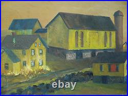 Terry Banzett, Superb Folk Art painting, Amish country townscape VIntage Oil