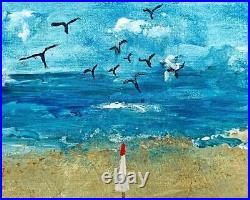 The Sea Beach Umbrella Seascape Folk Art Naive Painting Outsider Original Laurie