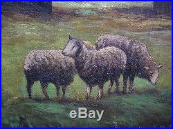 Three Lambs Inside Barn Antique Folk Naive Livestock Sheep Oil Painting Canvas