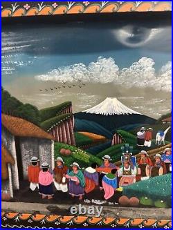 Tigua Folk Art Ecuador Primitive Painting on Sheepskin by Olmedo Cuyo Dated 2000