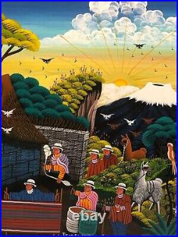 Tigua Folk Art Ecuador Primitive Painting on Sheepskin by Olmedo Cuyo, Dated 2006