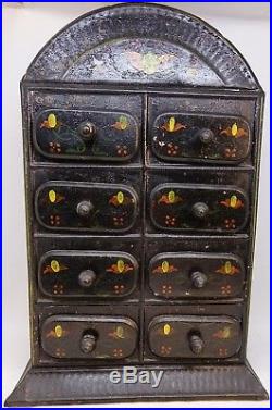 Tole Painted Folk Art Pie Tin Metal Spice Cabinet Vintage Drawers Chest Toleware