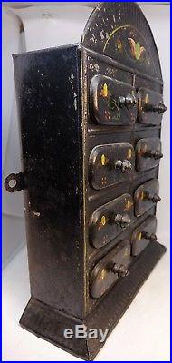 Tole Painted Folk Art Pie Tin Metal Spice Cabinet Vintage Drawers Chest Toleware