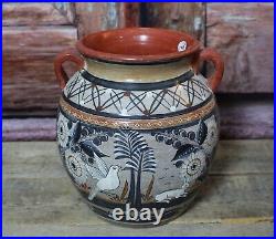 Tonala Vase Handmade & Painted Deer Wildlife Pottery by Solis Mexican Folk Art