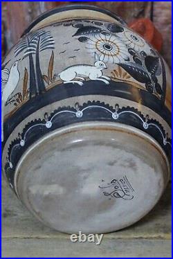 Tonala Vase Handmade & Painted Deer Wildlife Pottery by Solis Mexican Folk Art