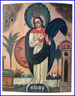 Tota Pulchra Immaculate Conception Oil on Wood Panel Folk Art Painting