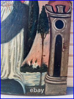 Tota Pulchra Immaculate Conception Oil on Wood Panel Folk Art Painting