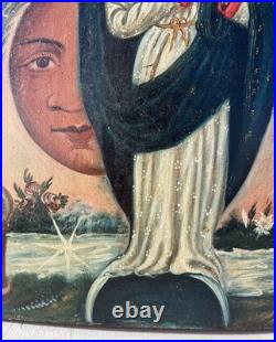 Tota Pulchra Immaculate Conception Oil on Wood Panel Folk Art Painting