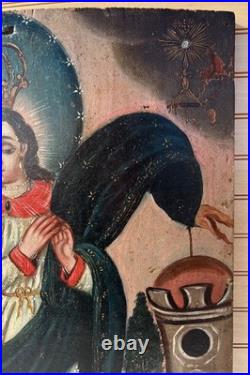 Tota Pulchra Immaculate Conception Oil on Wood Panel Folk Art Painting