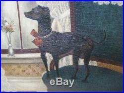 Toy Manchester Terrier OOB ca1880s, Maine, framed oil painting, dog folk art