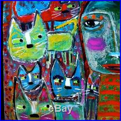 Tracey Ann Finley Original Outsider Folk Raw Brut Painting Girl Cat 24x24.99 NR