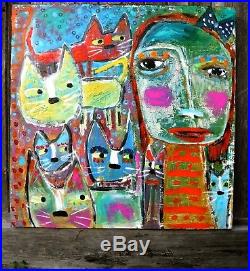Tracey Ann Finley Original Outsider Folk Raw Brut Painting Girl Cat 24x24.99 NR