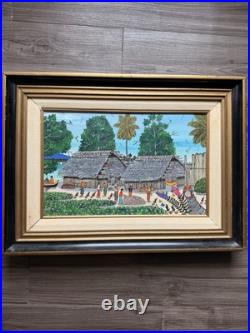 Tropical Village Painting by L. Mendez Original Framed Folk Art. (B30)