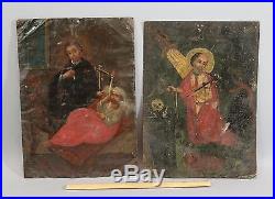 Two Antique 19thC Hand Painted Folk Art Christian Icon Painting NR