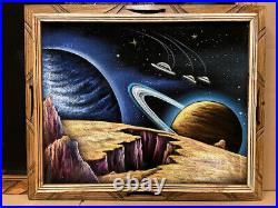 UFO Saturn Space Velvet Painting 19x23 Wood Frame Metrorite Mars Sci-Fi Aliens