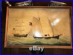 Unsigned Antique Folk Art Painting Of Warships And Blockade