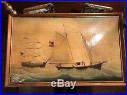 Unsigned Antique Folk Art Painting Of Warships And Blockade