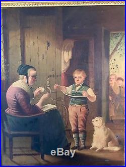 Unusual Antique Folk Art Oil Painting Boy Taunted By Friends For Helping Grandma